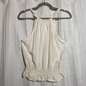 Le‎ Papillon Womens Cream Halter Top Rayon Linen Blend Smocked Ruffle Hem Small